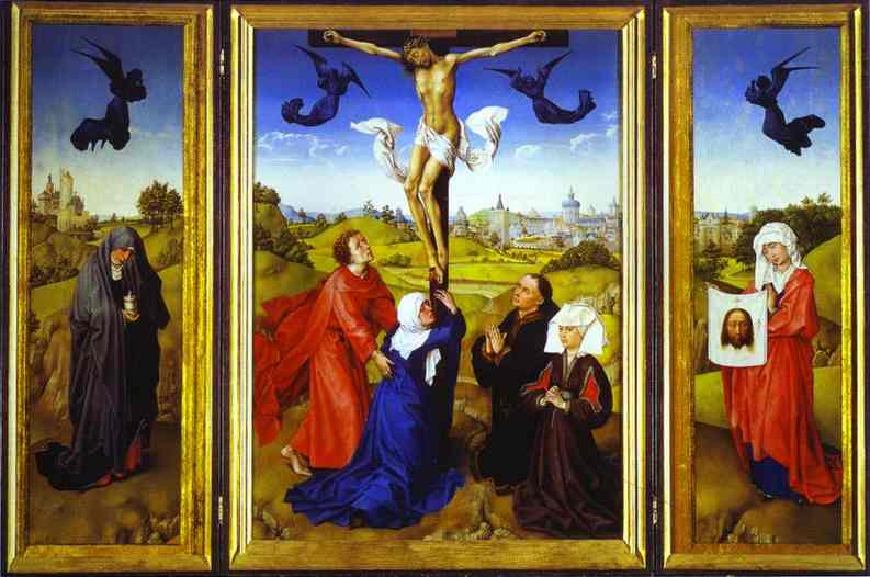 Oil painting:Crucifixion Triptych. c.1445