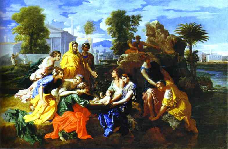 Oil painting:Baby Moses Saved from River. 1651