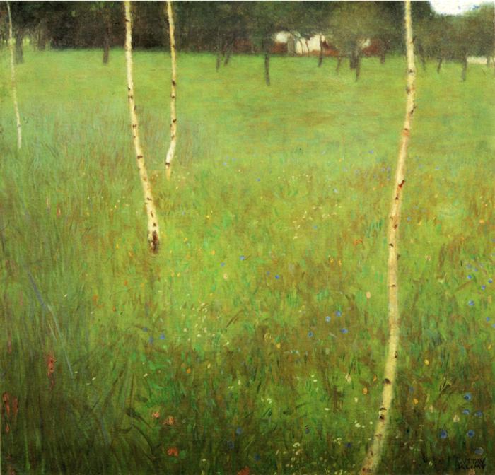 Oil painting:Farmhouses with Birch Trees. 1900