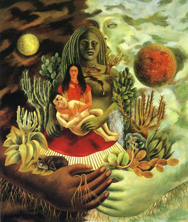 Oil painting:The Love Embrace of the Universe, the Earth (Mexico), Diego, Me, and Senor Xolotl. 1949