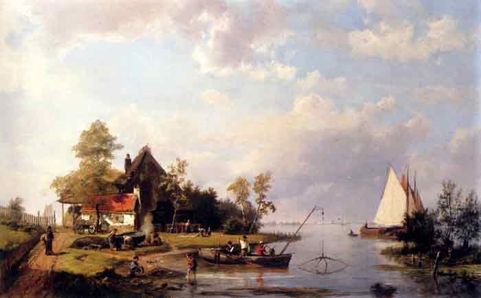 Oil painting for sale:A River Landscape With A Ferry And Figures Mending A Boat