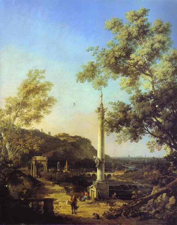 Oil painting:Capriccio: River Landscape with a Column, a Ruined Roman Arch, and Reminiscences of