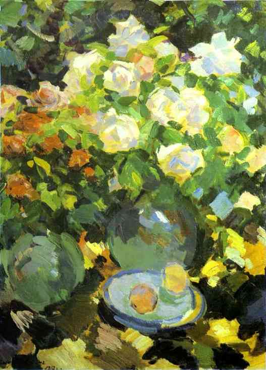 Oil painting: Roses in Blue Jugs. 1917