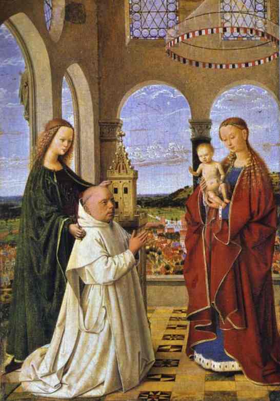 Oil painting:Madonna and Child with St. Barbara and a Carthusian Monk (Exeter Madonna). c. 1450