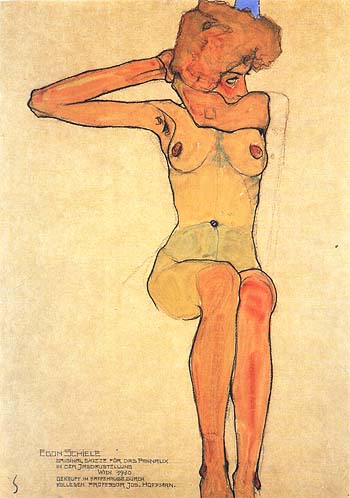 Egon Scheile Seated Female Nude with Raised Right Arm. 1910