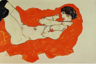 Egon Schiele Reclining Female Nude on Red Drape