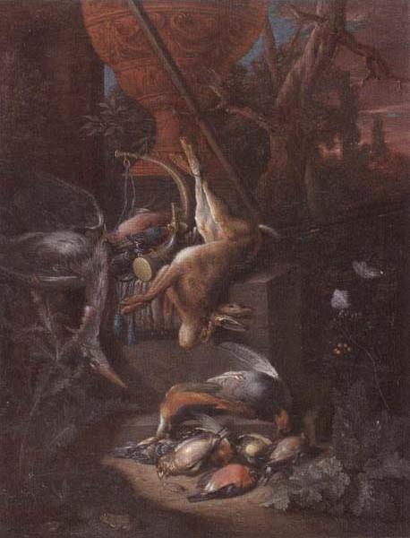 A game still life of a hung hare,a brace of birds,a shotgun,hunting horn,and other objects,all