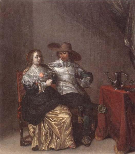 An interior with a soldier makng advances to a lady