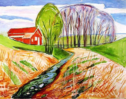 Springtime Landscape with Red House