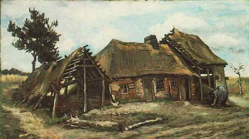 Cottage with Decrepit Barn and Stooping Woman