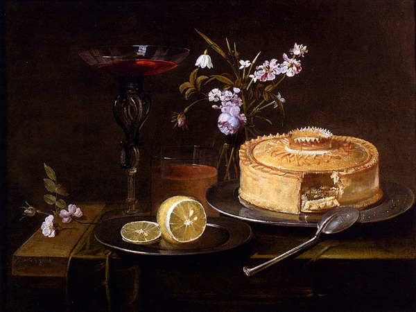 A Pie And Sliced Lemon On Pewter Dishes, A Vase Of Flowers