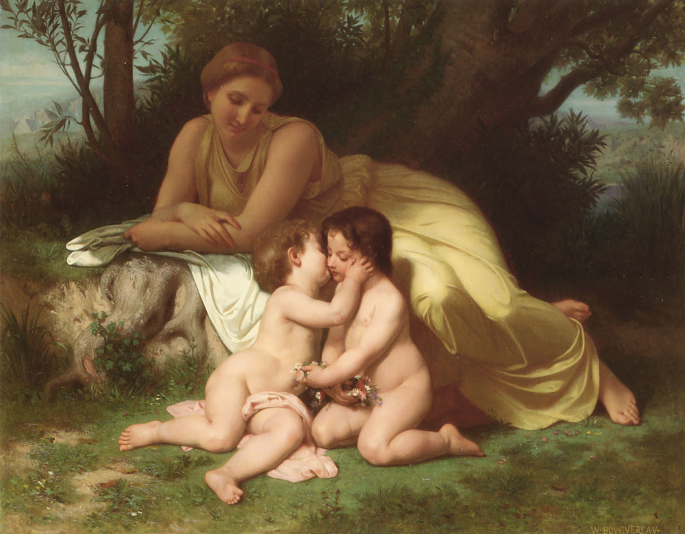 Young woman contemplating two embracing children