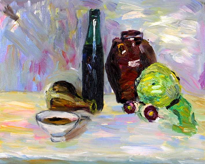 Still Life with a Bottle, Pottery, Onions, and a Lettuce
