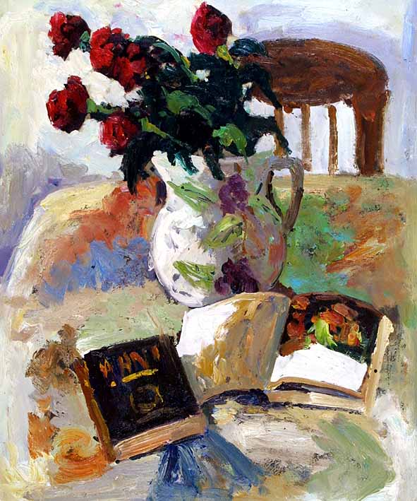 Vase with Roses and Books on Table