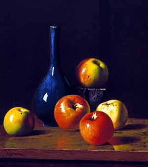 Five apples and a blue bottle,Still life paintings