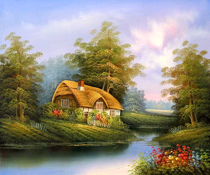 cottage landcape with the house by the river,Cottages painting,Cottages oil