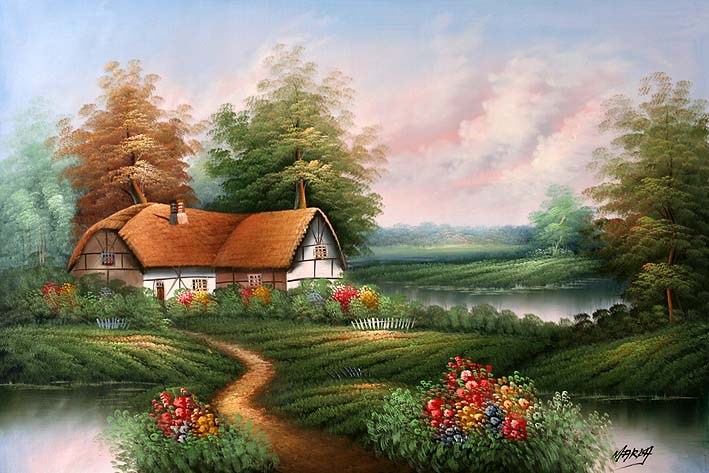 English Country Cottage,Cottages Painting,Cottages Oil Painting,Cottages